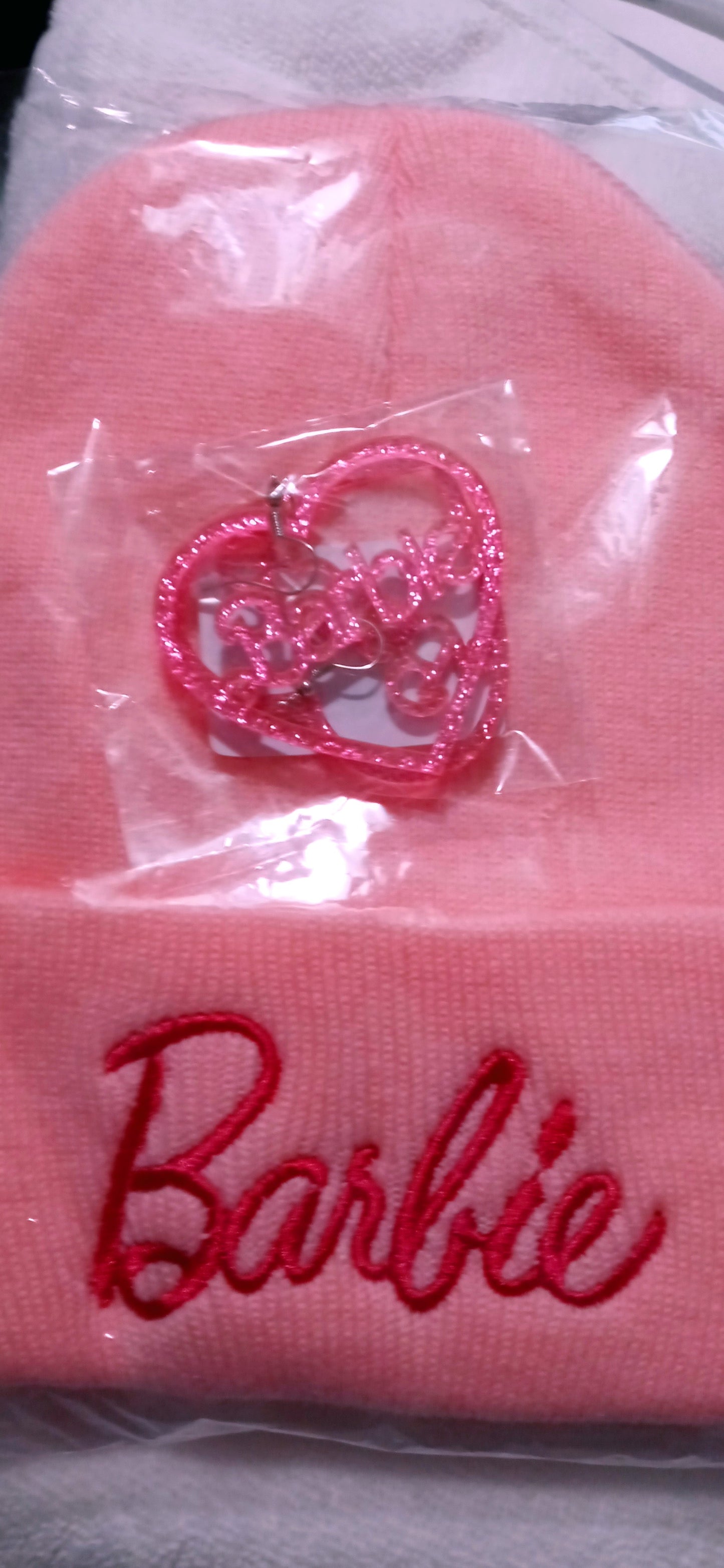 Cutie Pie Barbie beanie and Earring set .