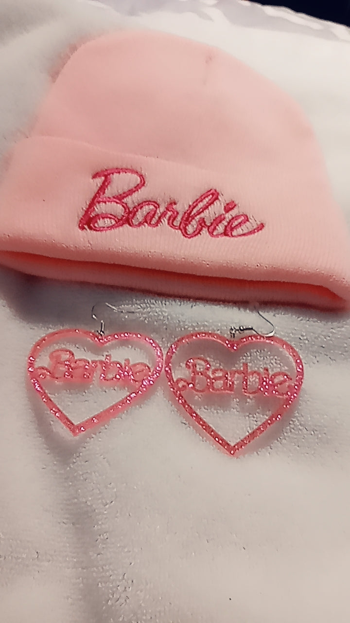 Cutie Pie Barbie beanie and Earring set .